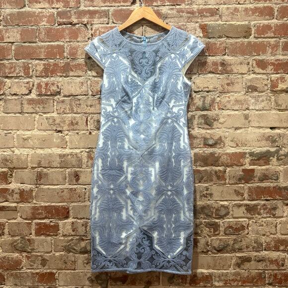 Tadashi Shoji Blue Stone Cotton Embroidered Tulle Cap Sleeve Dress Size 4 - Picture 4 of 9
